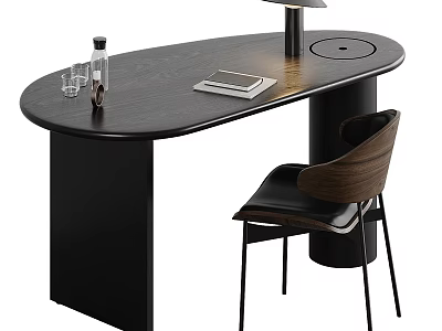 Black Oval Desk With Table Lamp Notebook Bottle And Wooden Back Leather Chair 3d model