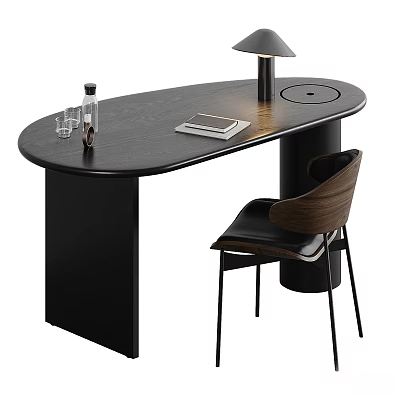 Black Oval Desk With Table Lamp Notebook Bottle And Wooden Back Leather Chair 3d model