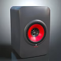 Sleek Black Audio Speaker With Red Circular Driver And Modern Exterior Design