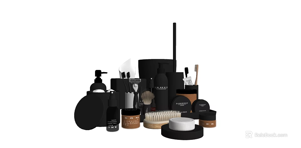 Elegant Perfume and Cosmetics Collection with Black Brown Bottles Brushes and Containers 3d model 