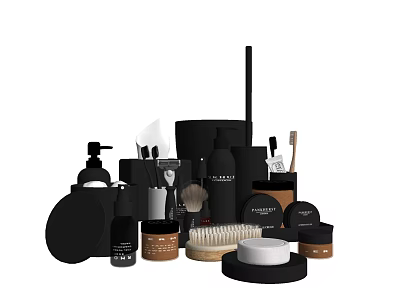 Elegant Perfume and Cosmetics Collection with Black Brown Bottles Brushes and Containers 3d model