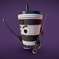 Fierce Anthropomorphic Coffee Cup Character With Black Lid Wielding Samurai Swords On Purple Background
