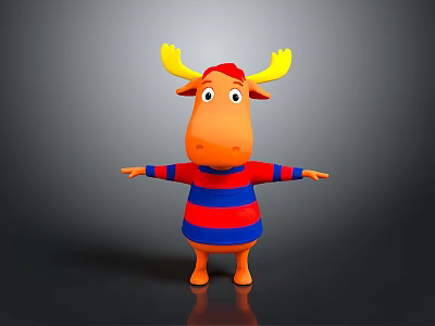 Cartoon Moose Character With Yellow Antlers Red Hat And Striped Sweater Open Arms Gray Background 3d model