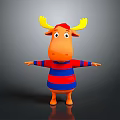 Cartoon Moose Character With Yellow Antlers Red Hat And Striped Sweater Open Arms Gray Background