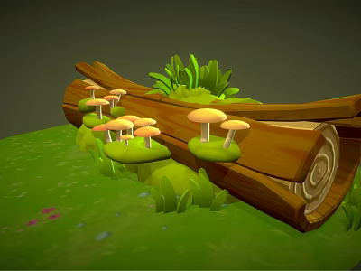 Whimsical Cartoon Scene with Fallen Log Mushrooms Lush Grass and Green Leaves 3d model