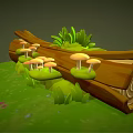 Whimsical Cartoon Scene with Fallen Log Mushrooms Lush Grass and Green Leaves