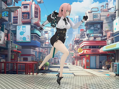 Pink Haired Female Character In Dynamic Pose With Mechanical Gear On Futuristic City Street 3d model