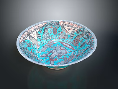 Turquoise and Silver Carved Bowl With Intricate Patterns and Artistic Designs 3d model