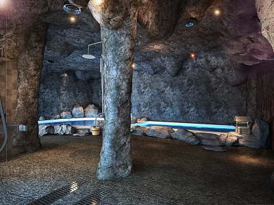 SPA Sauna Natural Rock Cave Interior With Stone Pillars Warm Lighting And Relaxation Pool 3d model