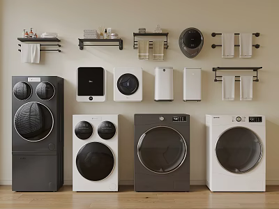 Modern Washing Machines Washer Dryer Sets In Black White Gray With Storage Shelves Towel Racks 3d model