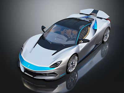 Modern Silver Sports Car With Blue Accents Black Roof And Streamlined Design 3d model