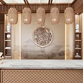 Reception Desk In Modern Chinese Style With Wooden Interior Circular Decor And Pendant Lights