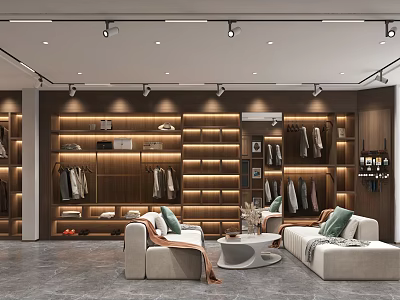 Elegant Modern Clothing Store Interior With Wooden Display Racks Sofas And Warm Lighting 3d model
