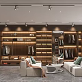 Elegant Modern Clothing Store Interior With Wooden Display Racks Sofas And Warm Lighting