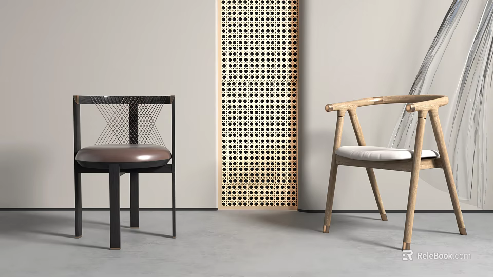Dining Chairs With Black And Wooden Frames Brown Seat And White Cushion By Wooden Lattice Partition 3d model 