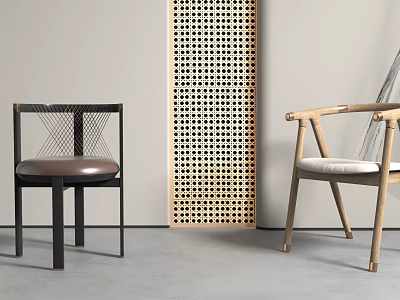 Dining Chairs With Black And Wooden Frames Brown Seat And White Cushion By Wooden Lattice Partition 3d model