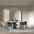 Modern Dining Room Interior With Round Table Green Chairs Arched Doorway Wooden Wall And Plant