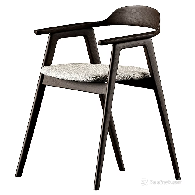 Modern Stylish Single Chair With Dark Wood Armrest Backrest And Light Gray Fabric Cushioned Seat 3d model 