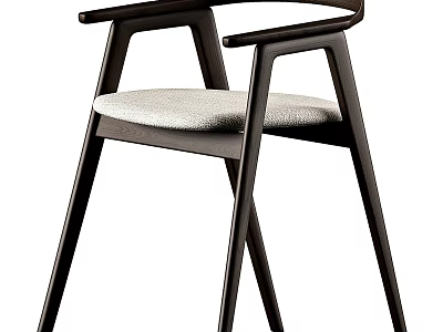 Modern Stylish Single Chair With Dark Wood Armrest Backrest And Light Gray Fabric Cushioned Seat 3d model