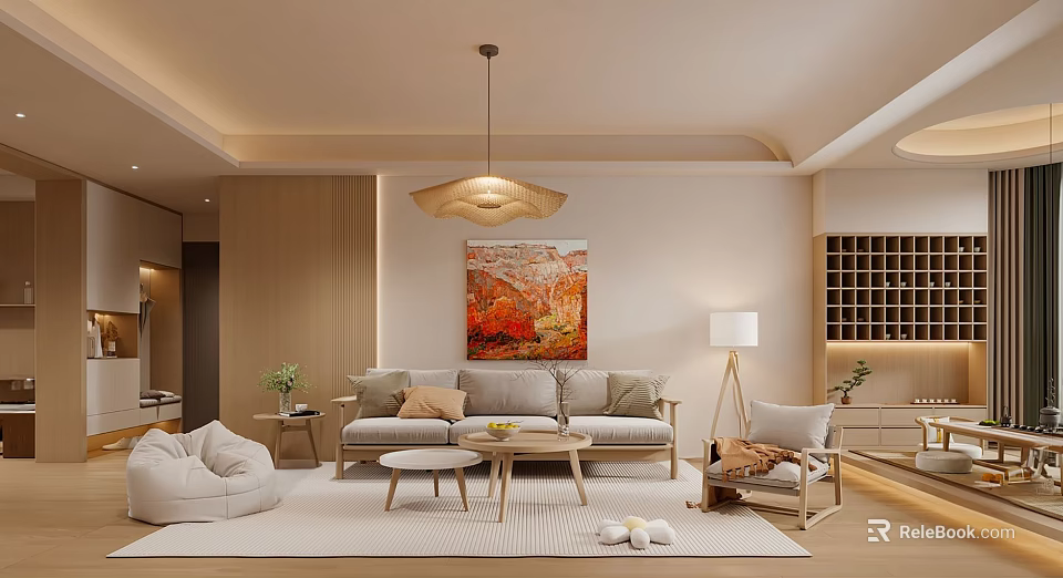 Modern Cozy Living and Dining Room Interior With Beige Sofa Wooden Coffee Table And Abstract Painting 3d model 