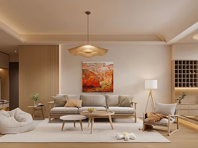Modern Cozy Living and Dining Room Interior With Beige Sofa Wooden Coffee Table And Abstract Painting 3d model
