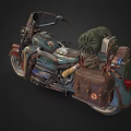 Vintage Motorcycle with Worn Paint Striped Decoration Leather Luggage Canvas Backpack and Retro Design Elements