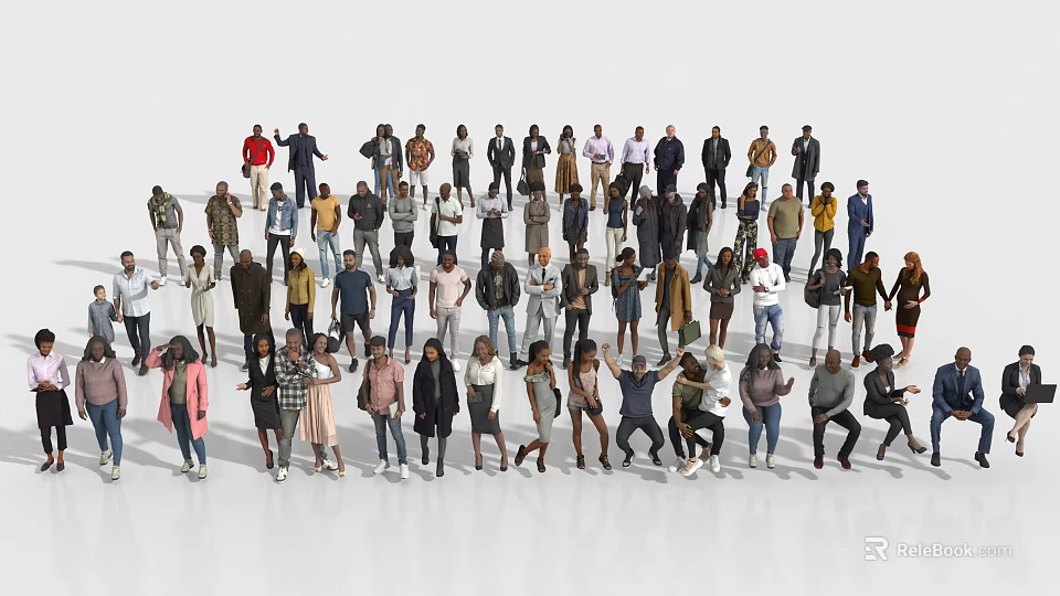 Diverse Group of People With Various Poses Standing Together In Different Outfits 3d model 
