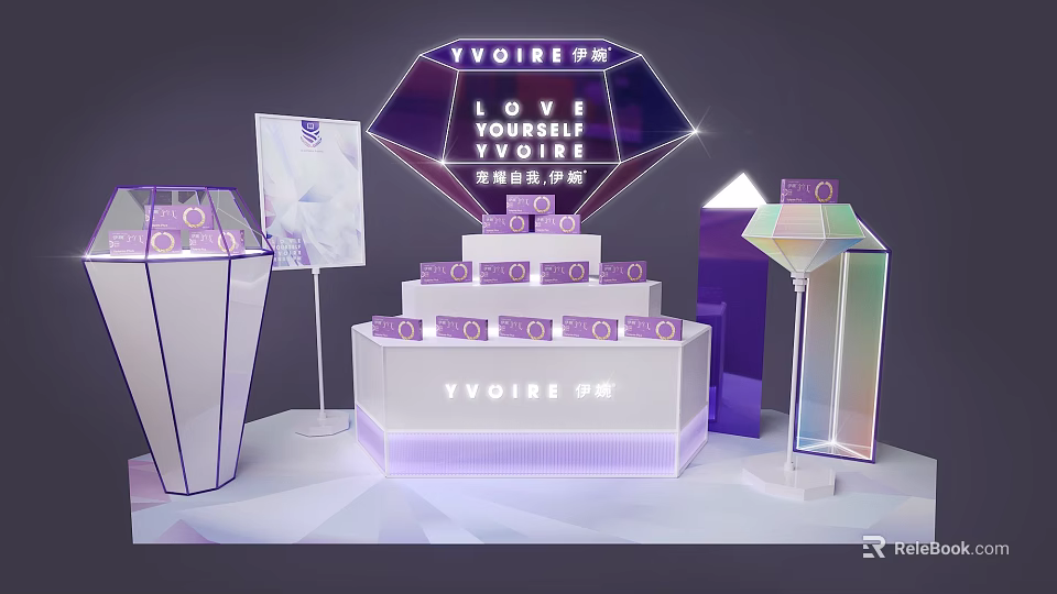 Elegant YVOIRE Diamond Shaped Purple Transparent Step Style Cosmetics Display Shelves 3d model 