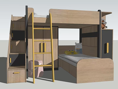 Wooden Bunk Bed With Ladder Storage Cabinets And Bookshelves For Kids Room 3d model