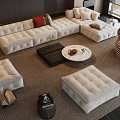 Modern Sofa and Coffee Table Set with L Shaped Design Red Cushions Wooden Marble Tables