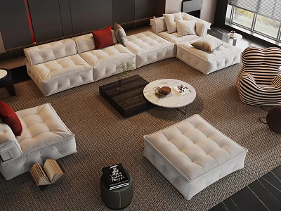 Modern Sofa and Coffee Table Set with L Shaped Design Red Cushions Wooden Marble Tables 3d model