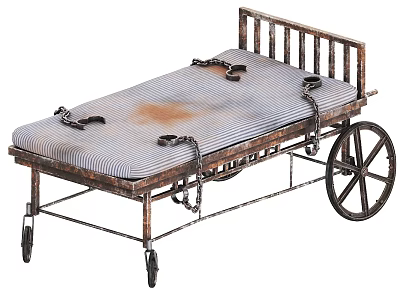 Vintage Single Bed With Metal Frame Striped Mattress Chains And Wheels 3d model