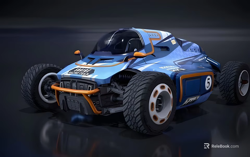 Blue Off Road Race Car With Large Tires Number 5 And Orange Accents 3d model 