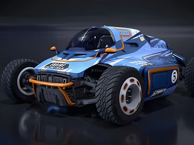 Blue Off Road Race Car With Large Tires Number 5 And Orange Accents 3d model