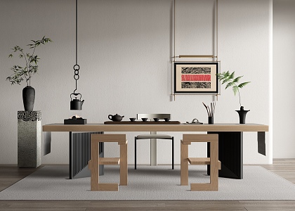 Modern Tea Table and Chair Combination Tea Table and Tea Set Combination Plant Potted Hanging Picture 3d model