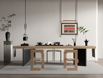 Modern Tea Table and Chair Combination Tea Table and Tea Set Combination Plant Potted Hanging Picture 3d model