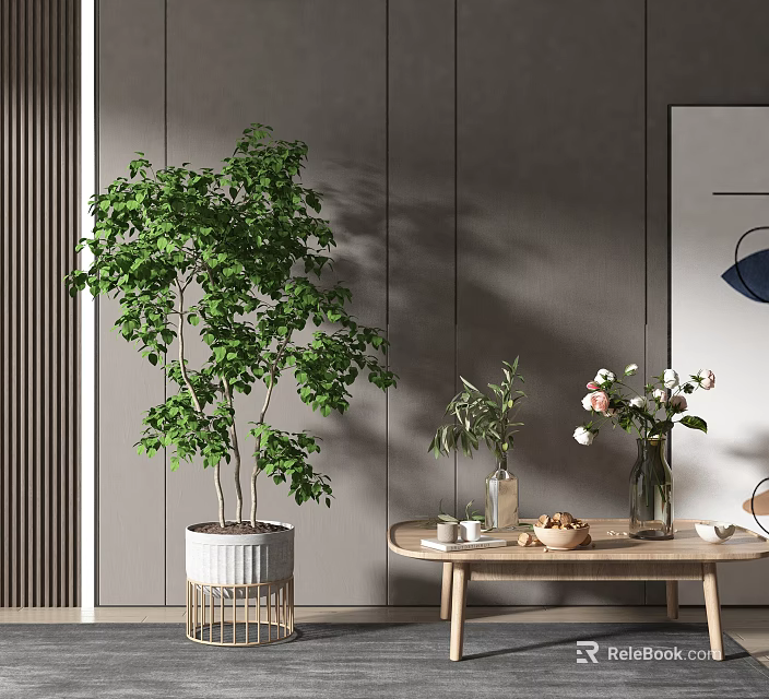Modern Living Room Coffee Table With Green Plant Vases Flowers And Decorative Items 3d model 