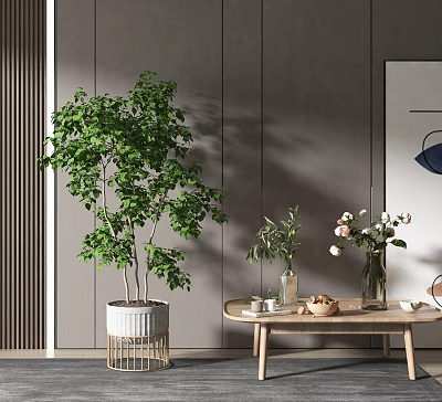 Modern Living Room Coffee Table With Green Plant Vases Flowers And Decorative Items 3d model