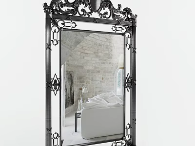 Full Length Mirror With Black Carved Frame Reflecting Bedroom White Bed And Nightstand 3d model