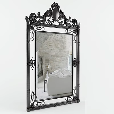 Full Length Mirror With Black Carved Frame Reflecting Bedroom White Bed And Nightstand 3d model