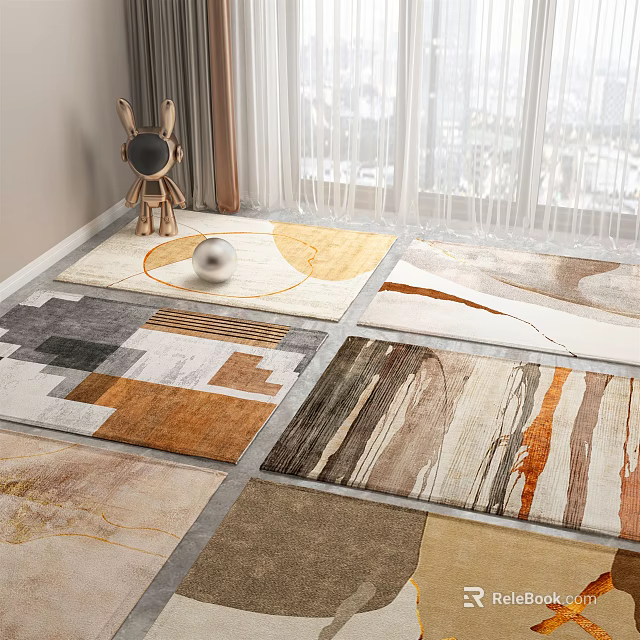 Various Colorful Square Rugs With Unique Patterns In Modern Indoor Living Space 3d model 