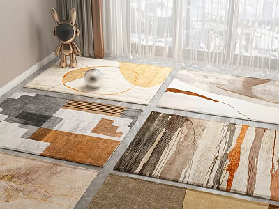 Various Colorful Square Rugs With Unique Patterns In Modern Indoor Living Space 3d model