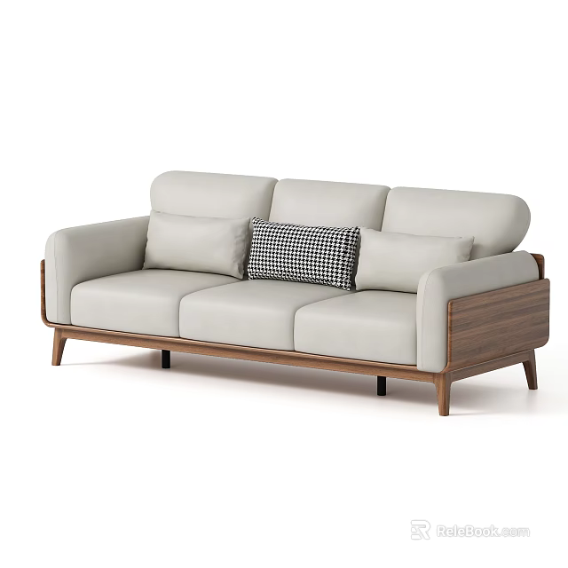 Modern Light Colored Leather Three Seater Sofa With Wooden Legs And Checkered Pillow 3d model 
