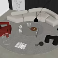 Curved White Sofa and Round Glass Coffee Table Set in Modern Interior With Red Armchair