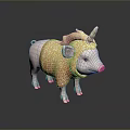 Cute Pink Pig With Unicorn Horn Wearing Orange Patterned Outfit Standing On Dark Reflective Surface