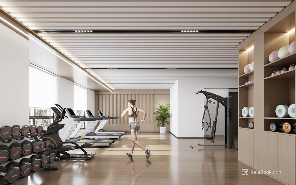Spacious Modern Gym With Treadmills Dumbbells Woman Running And Green Plants Wooden Lockers 3d model 