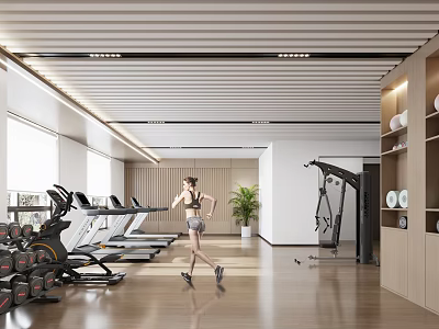 Spacious Modern Gym With Treadmills Dumbbells Woman Running And Green Plants Wooden Lockers 3d model