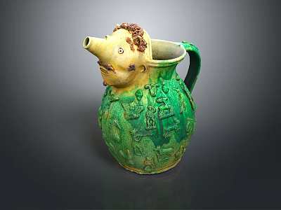 Green Ceramic Pitcher with Decorative Head Mane Relief Carvings Spout and Handle 3d model