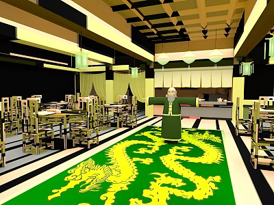 Traditional Chinese Dining Hall Interior Scenery With Green Dragon Carpet Tables And Lighting 3d model
