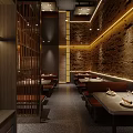 Elegant Modern Restaurant Interior With Wooden Decor Ambient Lighting And Seating Area